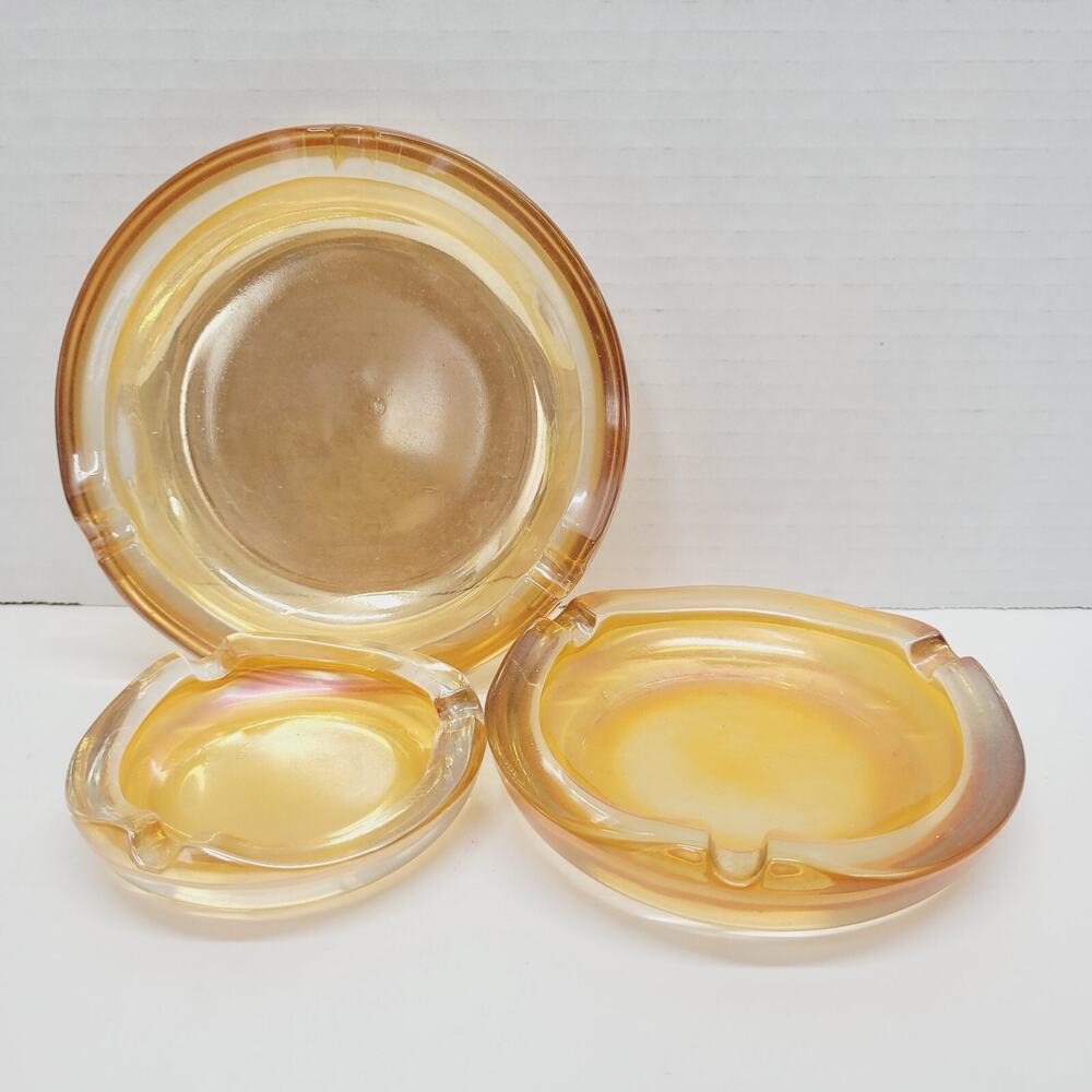 Vintage Carnival Glass Nesting Ashtrays 3 Pcs Jeannette Marigold 5.5'' 4" 3.5"